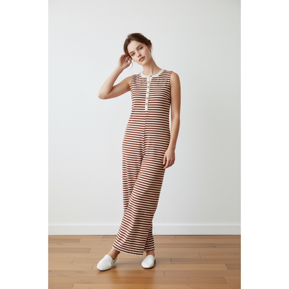 Sleeveless Striped Wide Leg Ribbed Henley Jumpsuit Rust Brown‎ Boho XL